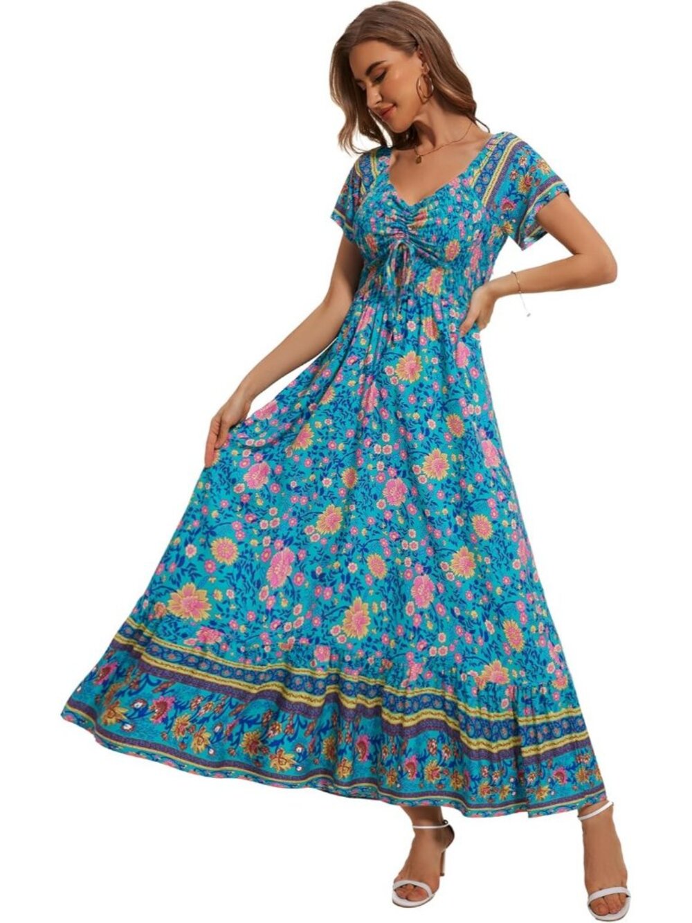 Women's Green Floral Smocked Maxi Boho Flowy Tiered A-Line Party Long Dress